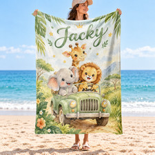 Watercolor Giraffe Elephant Lion Savanna Coral Fleece Blanket