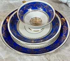 Mitterteich Bavaria Tea Cup & Saucer & Plate 3-piece set Blue Vintage Antique 