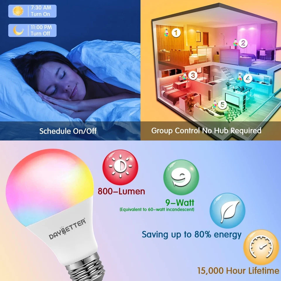 Smart Light Bulbs, RGBCW Wifi Color Changing Led Bulbs, Smart Bulbs That Work wi - Image 4 of 4