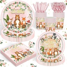 120PCS Woodland Party Supplies for Girls Baby Shower Pink Wild 120PCS,