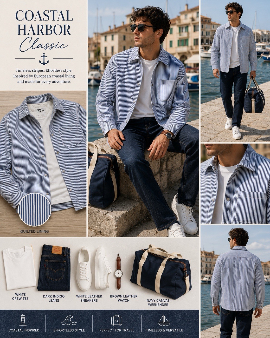 Zara Man XL Blue White Striped Quilted Overshirt Snap Front Shacket Jacket C5 image 3