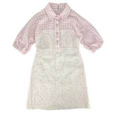 CHANEL Tweed Check Dress Pink White Sequins Coco Button Womens Size 38