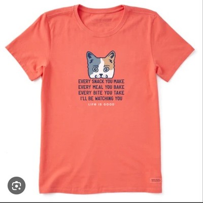 LIFE IS GOOD Women's Crusher Tee ''I'll Be Watching You'' Cat/Dog Orange T-Shirt S