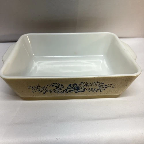 VTG Pyrex Homestead Beige Blue Speckle 503 Refrigerator Baking Dish 1.5QT Handle