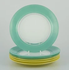 Duralex, France. Set of six art glass plates in yellow, green and white glass.