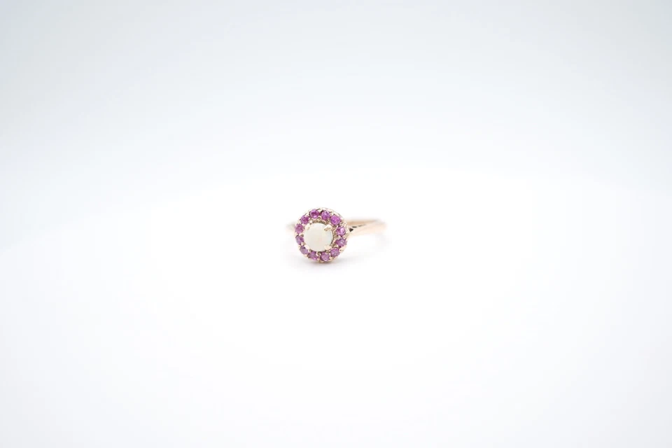 9K Yellow Gold Round Opal and Ruby Halo Four Prong Set Ring - Image 3 of 4