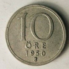 1950 SWEDEN 10 ORE - Great Collectible - FREE SHIPPING - Sweden Silver Bin A