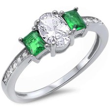 Oval Shape Green Emerald  Cz .925 Sterling Silver Ring