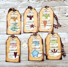 6-Christmas-Primitive-Farmhouse-Sheet Music-Snowman-Linen Cardstock-Gift-Tags