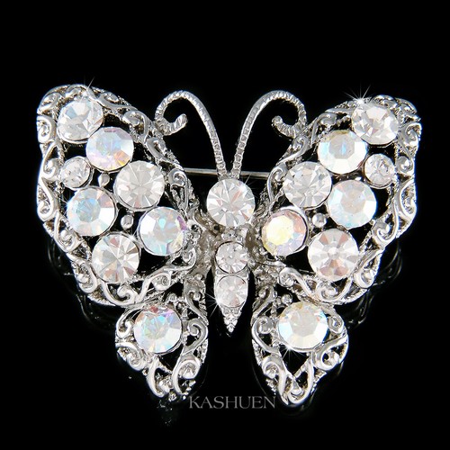 Alilang Vintage Rainbow Mosaic Crystal Rhinestone Butterfly Brooch - Gold Tone, Prom Wedding Pin
