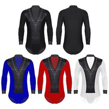 Mens Dancewear Latin Dance Leotard Glittery Bodysuit Satin Patchwork Romper