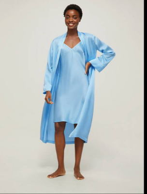 Piped Silk Robe/Dressing Gown, Light Blue John Lewis RRP