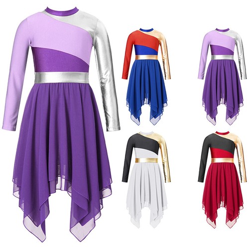 Kids Girls Dancing Costumes Long Sleeve Dance Dress Competition Contrast Soft - Picture 6 of 51