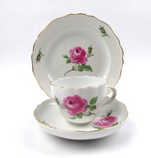 Meissen Kaffee Gedeck Rote Rose 3teilig Kuchenteller Tasse UT 2. Wahl nach 1934