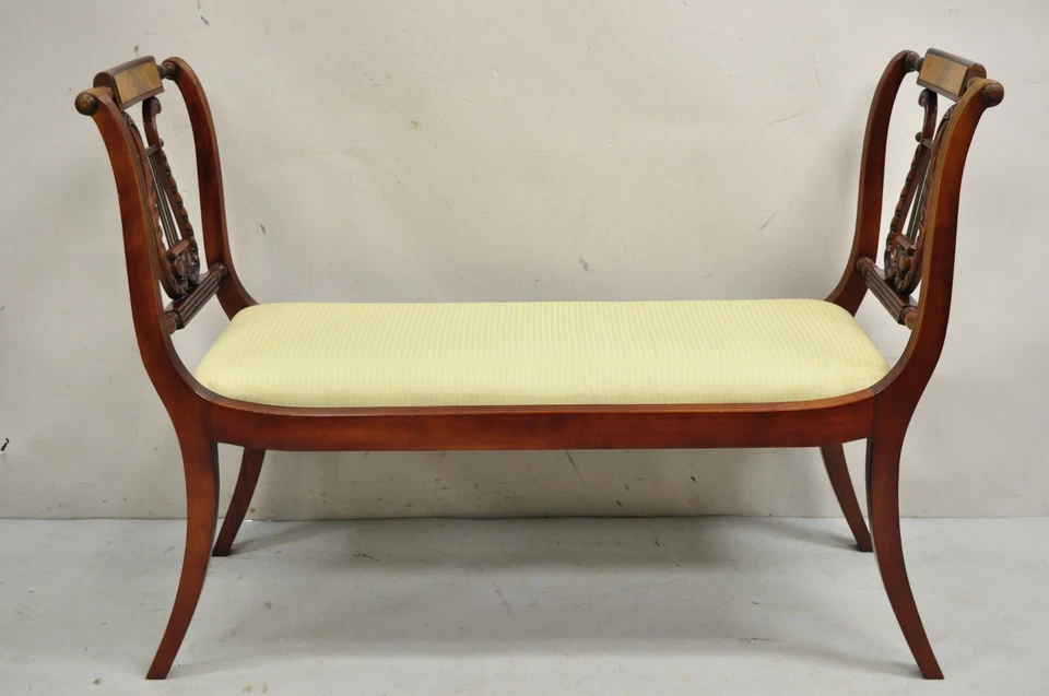 Duncan Phyfe Regency Empire Style Carved Mahogany Brass Lyre Window Bench - Image 2 of 4