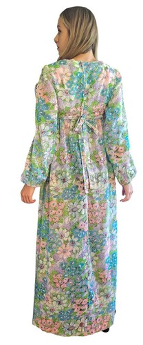 ROMANTIC "JULIET" Vintage 1960s-1970 Gauzy Ethereal Floral EMPIRE Maxi Dress S/M - Picture 3 of 9
