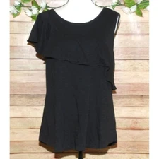 LOFT Black Sleeveless Blouse Top Size L Ruffle Stretch Cotton Neutral Casual