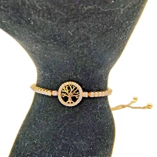 Tree of Life Adjustable Bolo Bracelet White Rhinestone Gold Tone Slider Chain