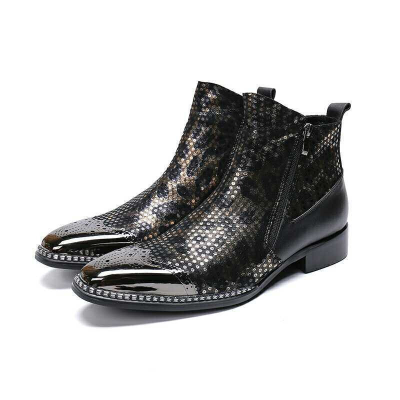 Pointy Toe Carved Wing Tip Men Motorcycle Ankle Boots Real Leather Nightclub Zip
