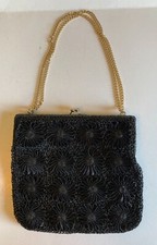 Lord  Taylor Made in Italy Vintage Black Purse Crochet w/ Flowers Chain Handle
