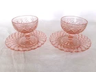 2 HOCKING DEPRESSION PINK WATERFORD (Waffle) FOOTED SHERBETS & 6" SHERBET PLATES