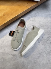 ZEGNA Triple Stitch Grey Canvas Slip On White Sole Casual Sneakers Men