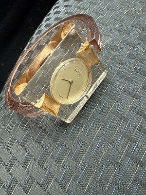 Gucci Plexiglas Swiss Mechanical Bangle Watch Gold Lucite Exhibition Back