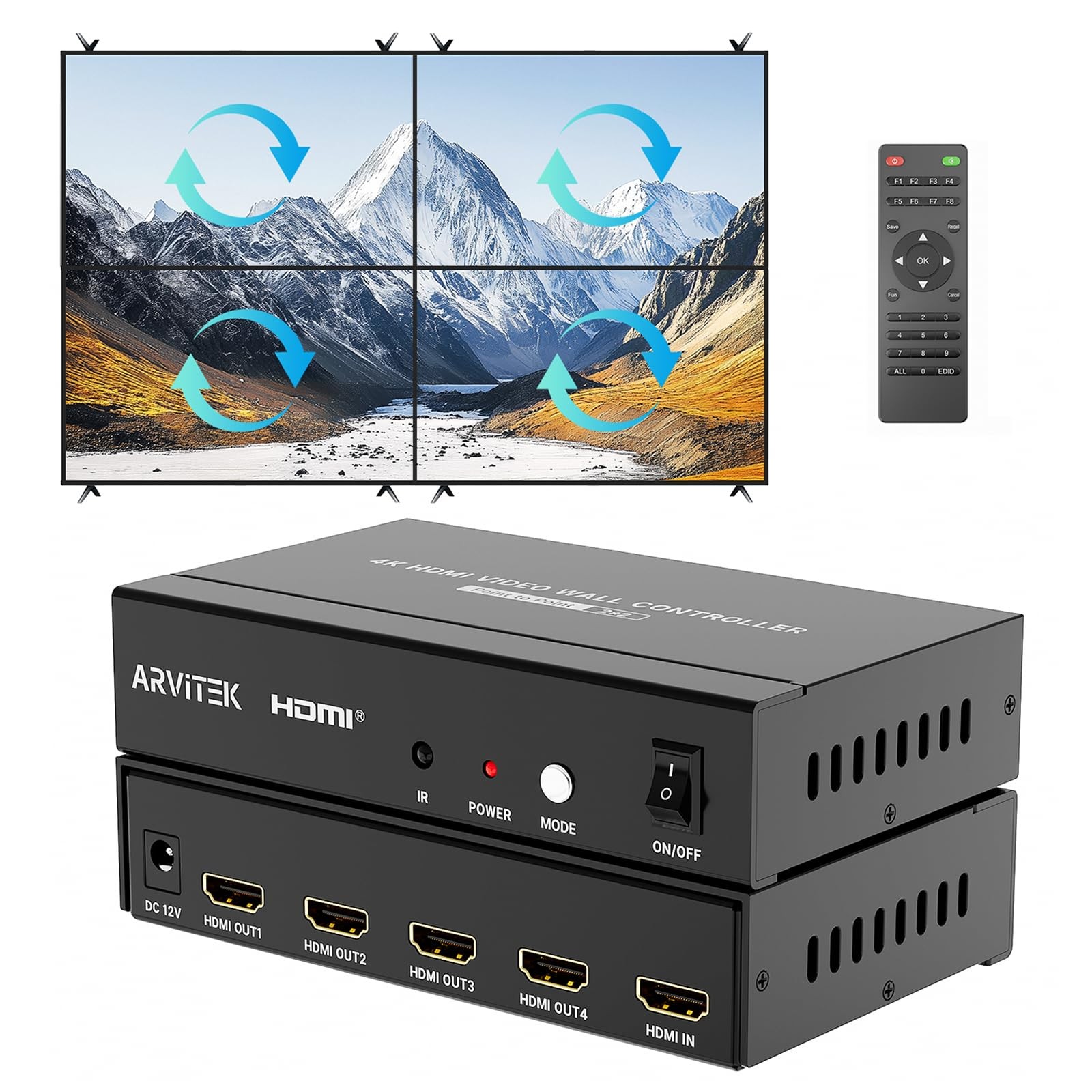 Arvitek 2x2 HDMI Video Wall Controller 4K@60Hz TV Screen Splicer 1x4