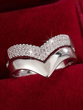 Silver V-Shaped Cubic Zirconia Ring For Women Size 6 7 8 9 10