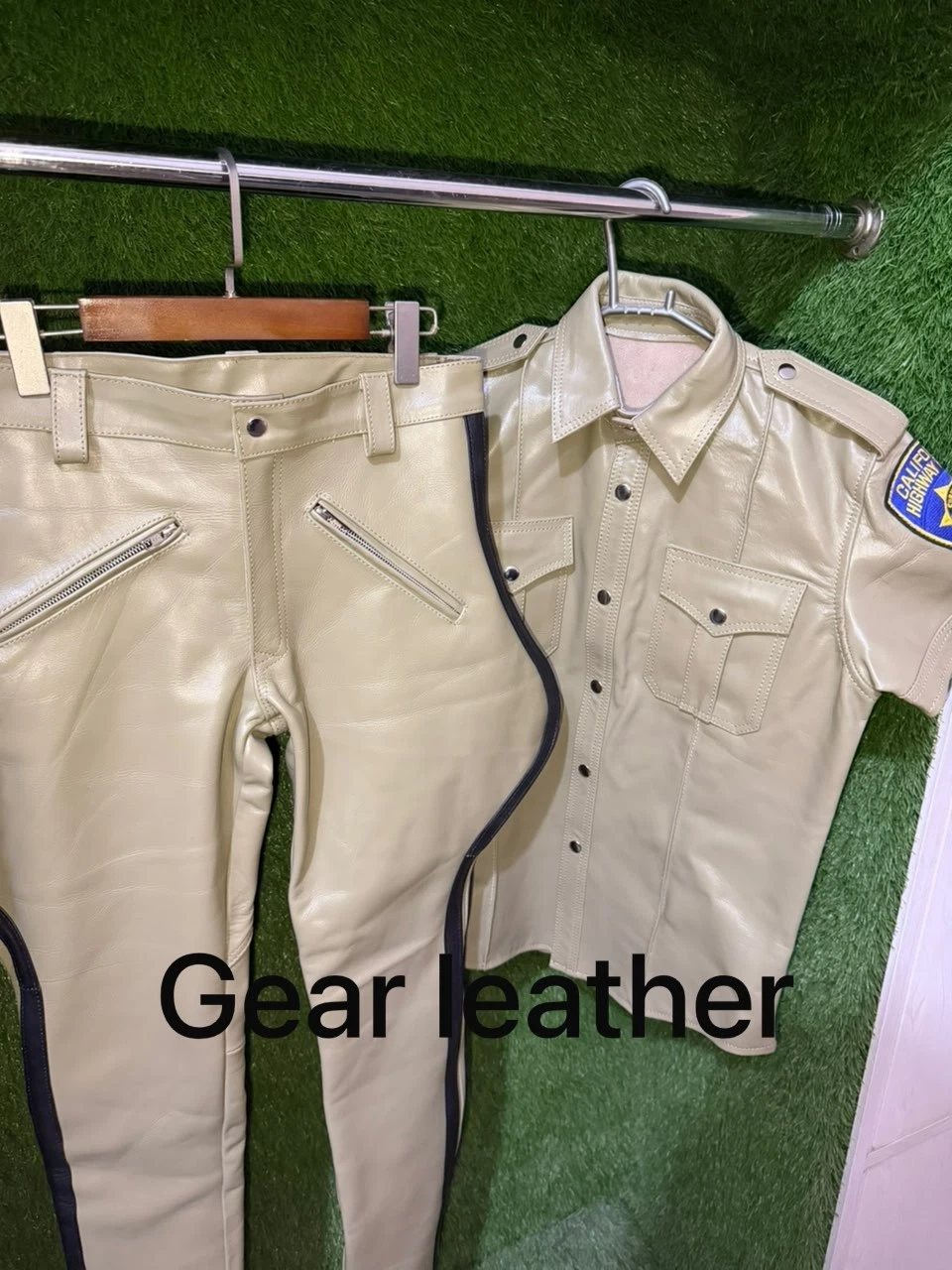 Men's Real Soft Leather Highway Police Style CHP Uniform Sexy Motorcycle Suit