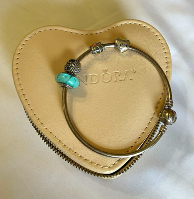 PANDORA Silver Bangle Charm Bracelet Blue Bead Charms Heart Love Theme