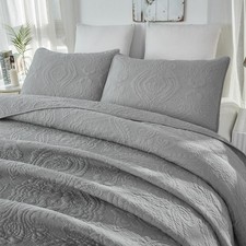 Queen Size Quilt Set Cotton Luxury Quilted Bedding Set Gray Damask Matelasse ...