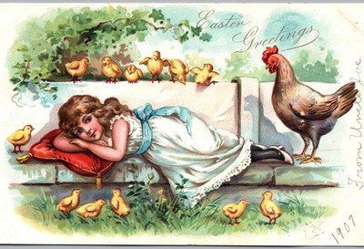 Easter Greetings - Chicks Looking at Girl Resting on Bench - Raphael Tuck 1907