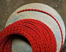 Red Twisted Rayon Cloth Covered Wire, Vintage Fabric Braided Color Lamp Cord
