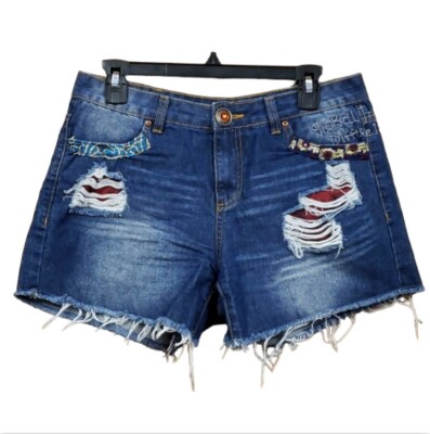 Desigual Womens Embroidered Distressed Denim Shorts Size 28 Exotic Boho