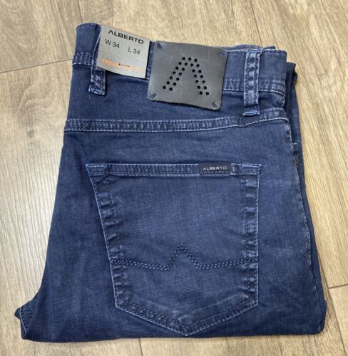Alberto Men's Jeans 34X34,Regular Slim Fit Dark Blue Denim Pants