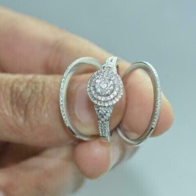 3 Ct Round Simulated Diamond His Her Wedding Trio Ring Set 925 Sterling Silver