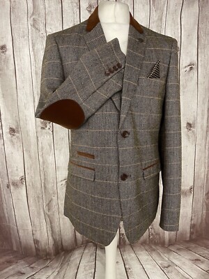 Marc Darcy Mens 40'' DX7 Tweed Herringbone Jacket Blazer Tan Suede Elbow Patches