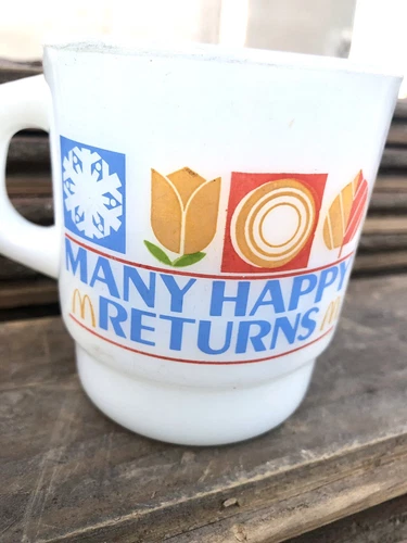 McDonald's Vintage Coffee Cup Mug Many Happy Returns Milk Glass Anchor Hocking