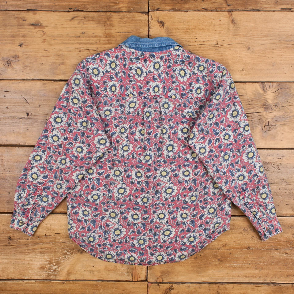 Camisa informal vintage Bugle Boy botón M años 90 floral mujer manga larga roja Foto 2 de 4