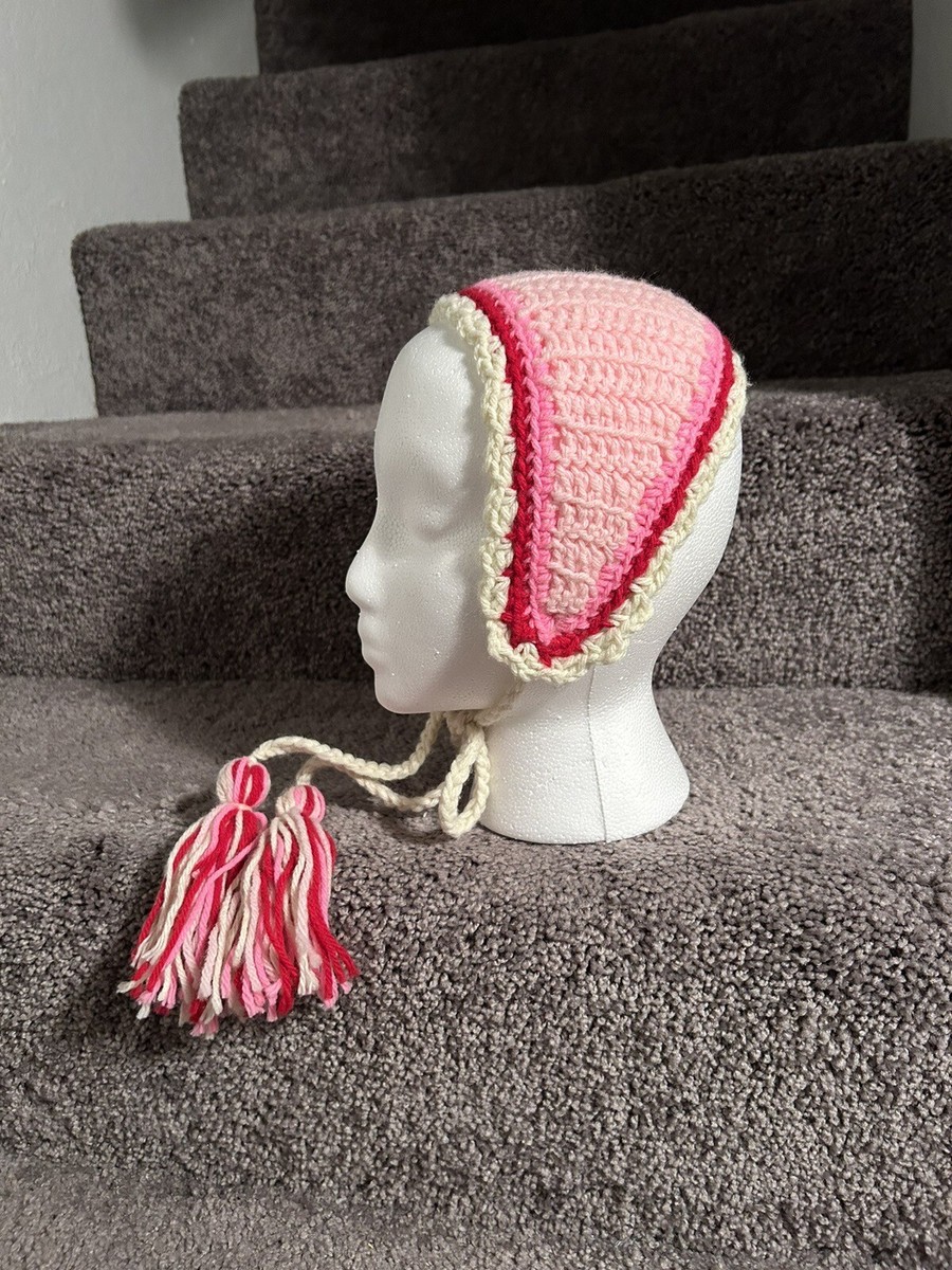 ハンドメイド Vintage Crocheted 70s 60s Pink & White Headband Hat~ Winter