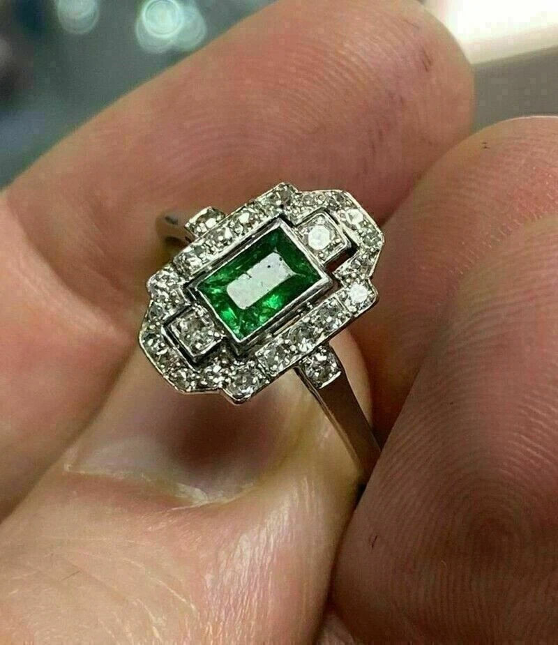Antique Vintage Art Deco 2Ct Lab Created Green Emerald Ring 14K