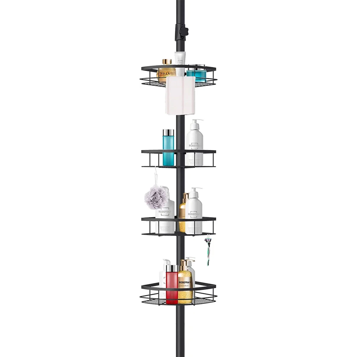 Rosefray Adjustable Height Shower Caddy Tension Pole w/ 4 Big Baskets, Black