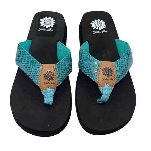 Yellow Box Flip Flops Teal Shiny Snakeskin Embossed Shimmer Wedge Sandal Faya - Picture 8 of 22