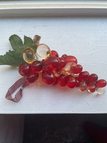 Lucite Grapes Bunch 5"Red, Green, Sugared Leaves, Ribbon Ornament*EUC* - Picture 4 of 11