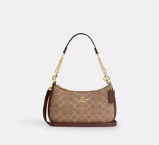 COACH Teri Shoulder Bag In Signature Canvas Gold/Tan/Brown CV933 New