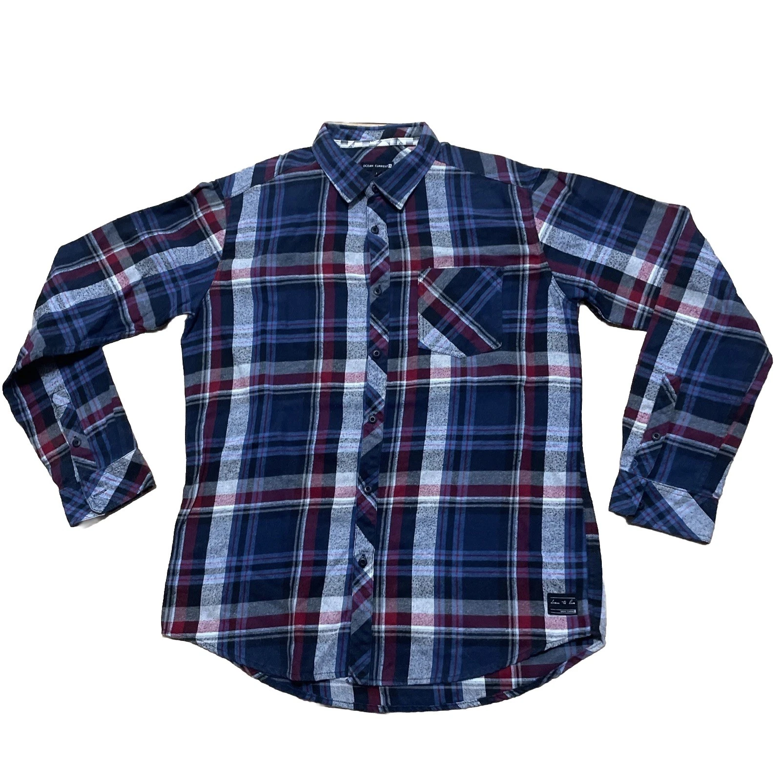 Ocean Current y2k Flannel Shirt Men L Blue Red Plaid Beach Pilled Skater Outdoor