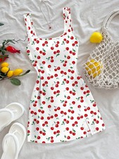 Women's Sexy Vacation Style U-Neck Cherry Print Open Back Side Slit Mini Dress f
