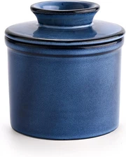 French Butter Dish, Crock for Counter with Water Line, Ceramic Blue 