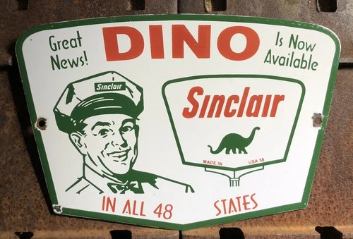 VINTAGE 1958 DATED SINCLAIR DINO GASOLINE 12” PORCELAIN GAS MAN 48 STATES SIGN